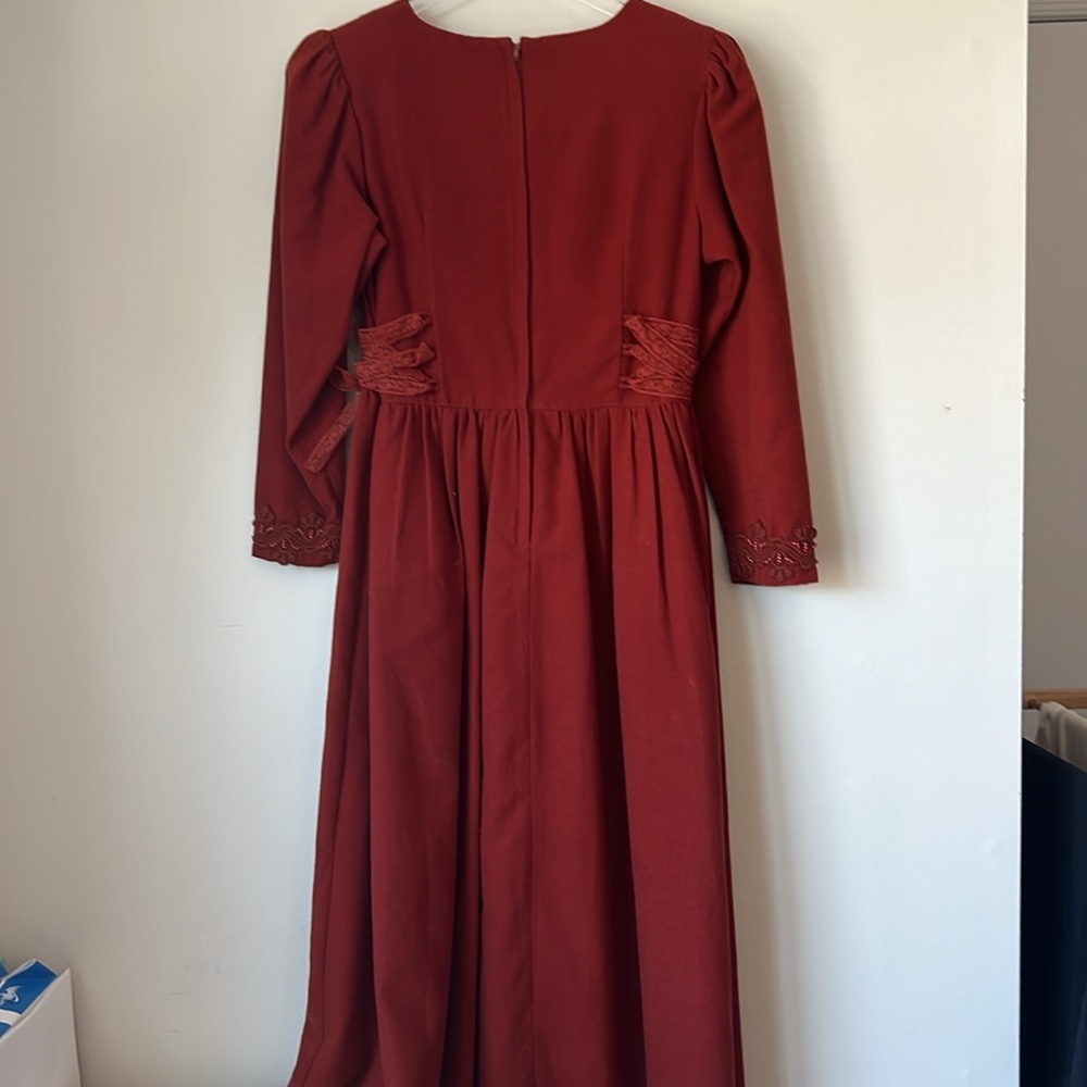 Vintage 1980's Bead Embroidered Wool Blend Midi Rust Orange Red Dress 2 - Picture 7 of 11